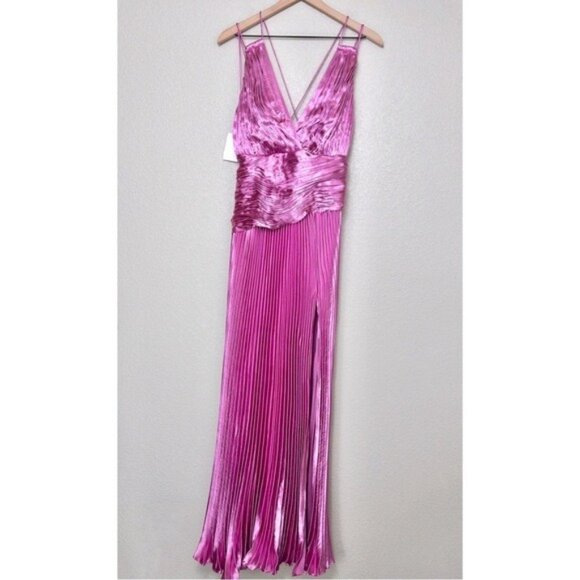 NWT AiiFOS Vera Pleated Metallic Gown 8 Pink Magenta Plisse Ruched Slit Formal - Picture 4 of 14